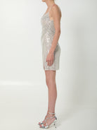 Beige champagne rhinestone mini dress with thin shoulder straps, side view by Self Portrait