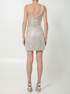 Beige champagne rhinestone mini dress showing hem slit detail by Self Portrait