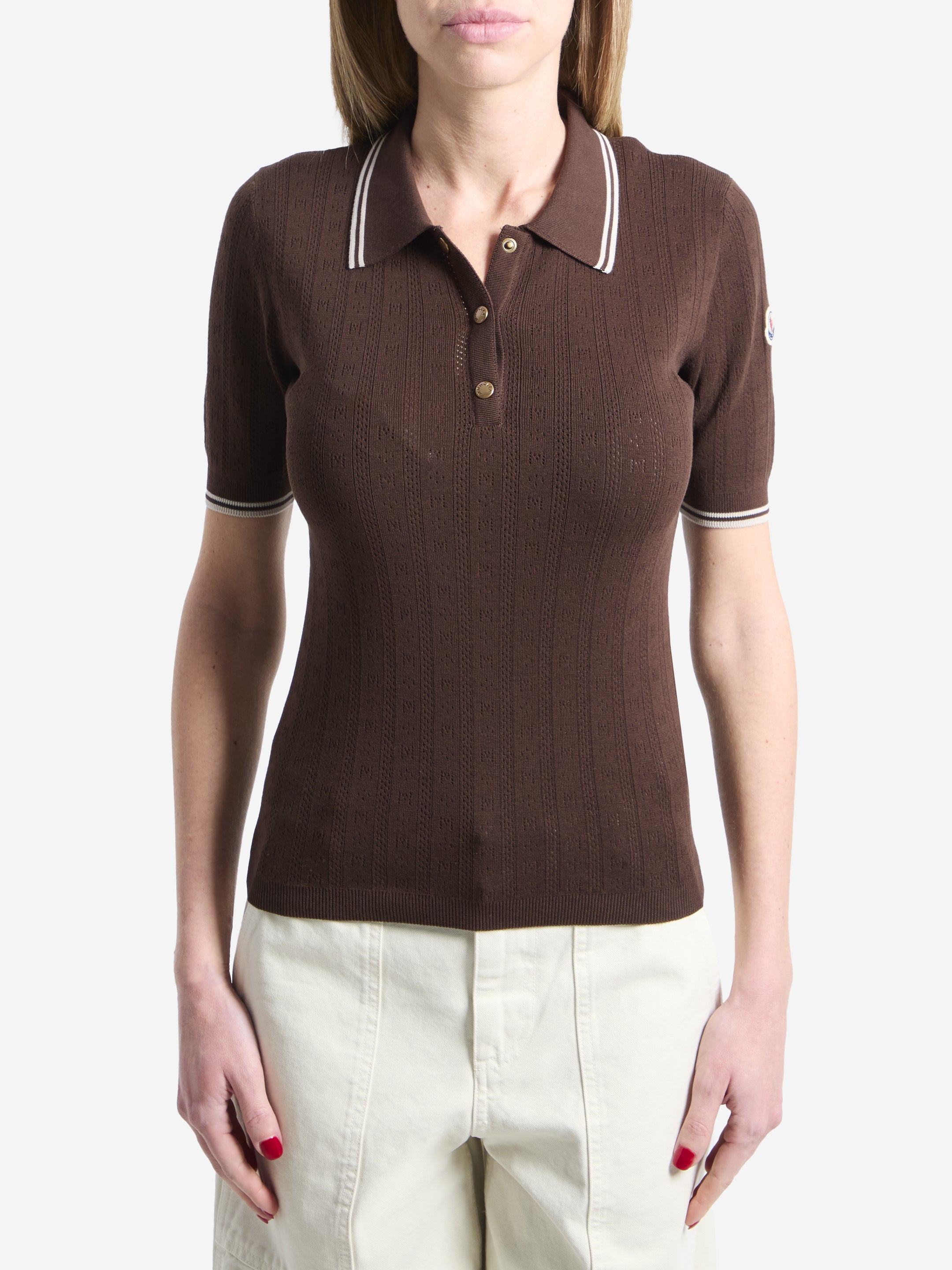 Brown Moncler cotton polo shirt with knitted logo and diamond pattern, front view