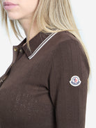 Brown Moncler cotton polo shirt with applied patch logo on sleeve, side view