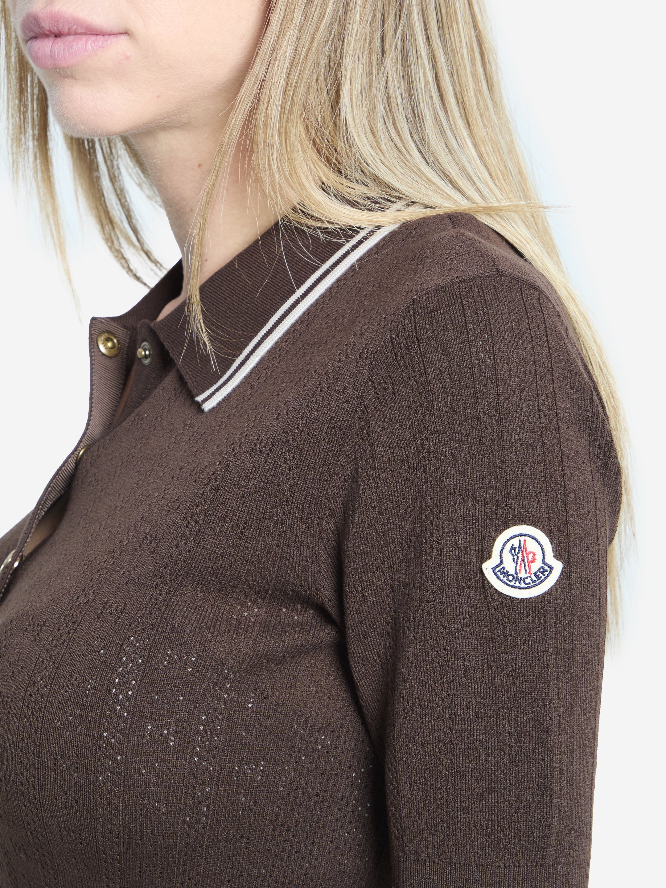 Brown Moncler cotton polo shirt with applied patch logo on sleeve, side view