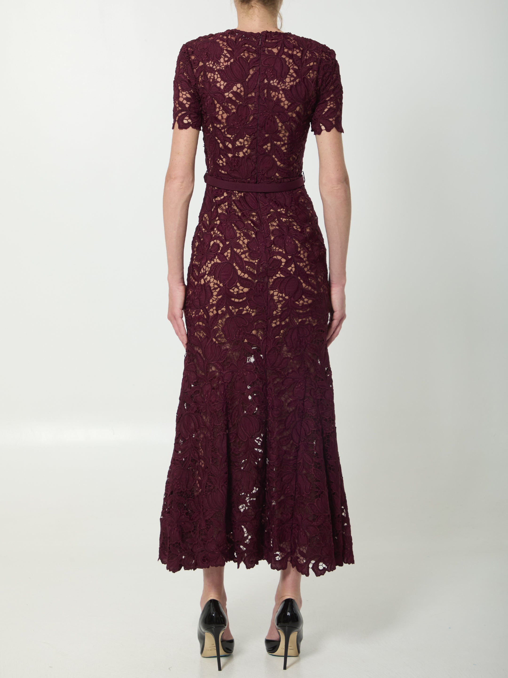 Self-Portrait-Lace Midi Dress Bordeaux-Dresses