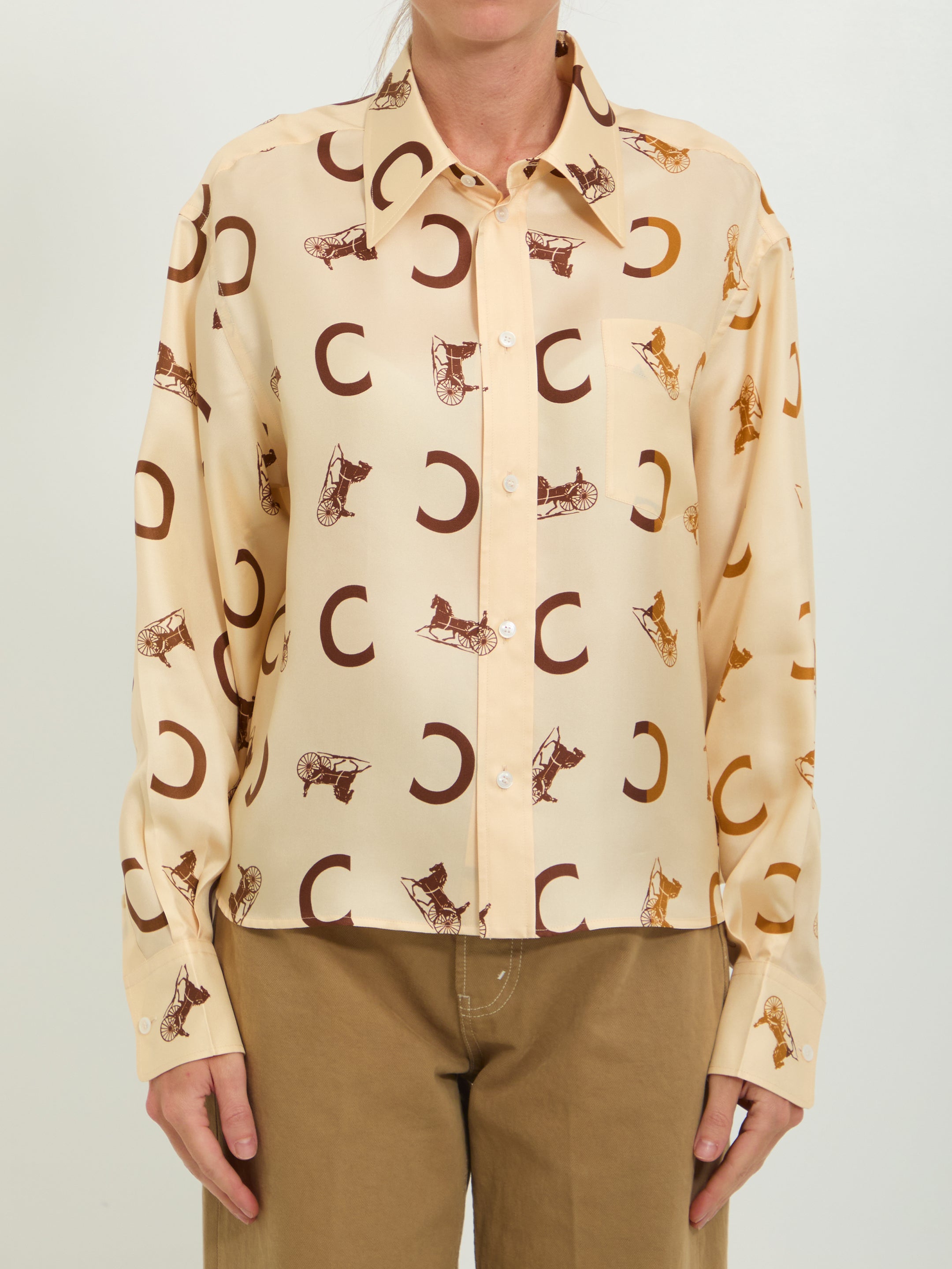 Cream silk twill shirt with brown print by Celine, front view