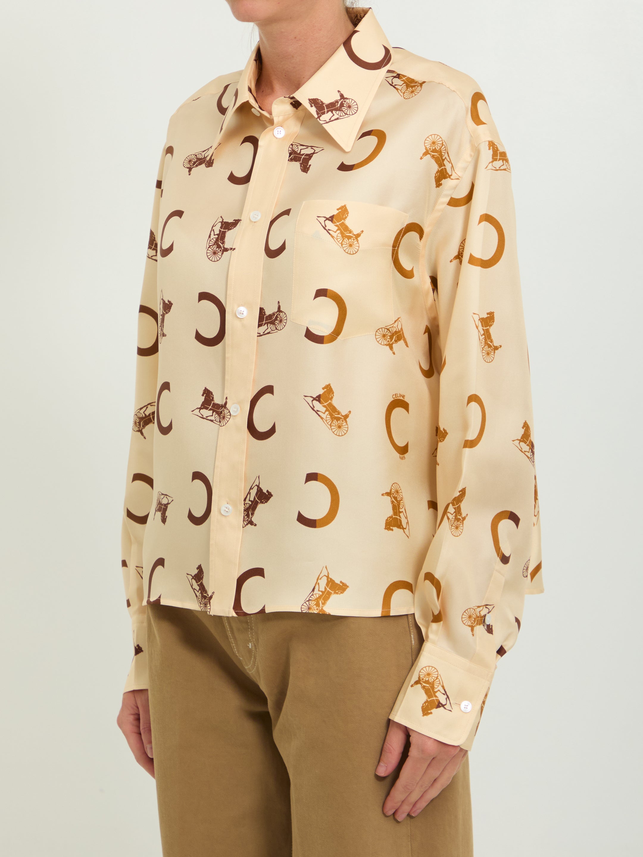 Cream silk twill shirt with brown print by Celine, back view