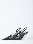 Black Saint Laurent Renée slingback pump with leather trim, front angle