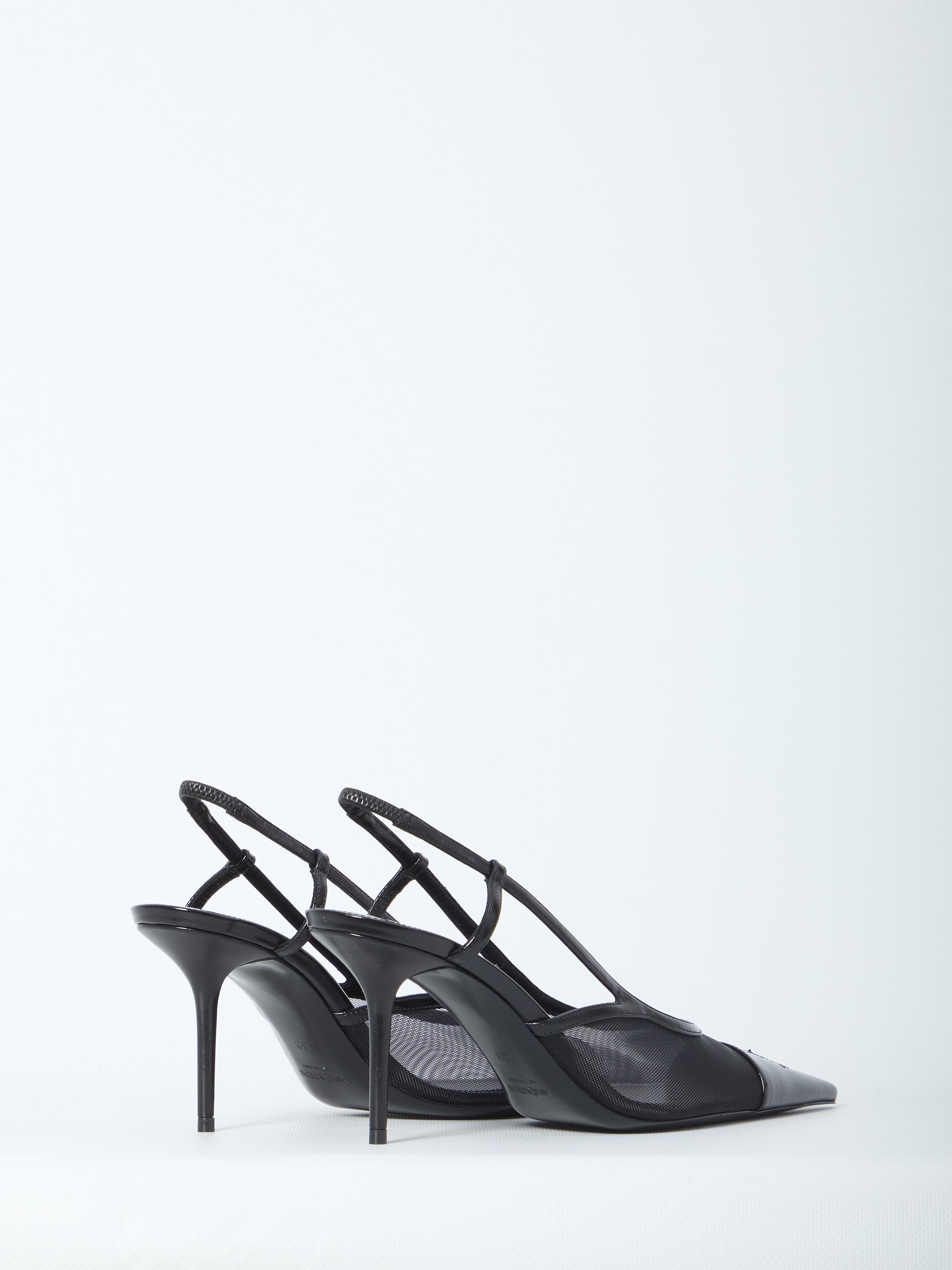 Saint Laurent mesh slingback pump showing elasticized back strap, rear view
