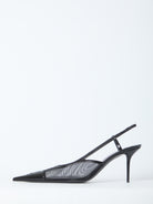 Black slingback pump by Saint Laurent with stiletto heel detail, profile view