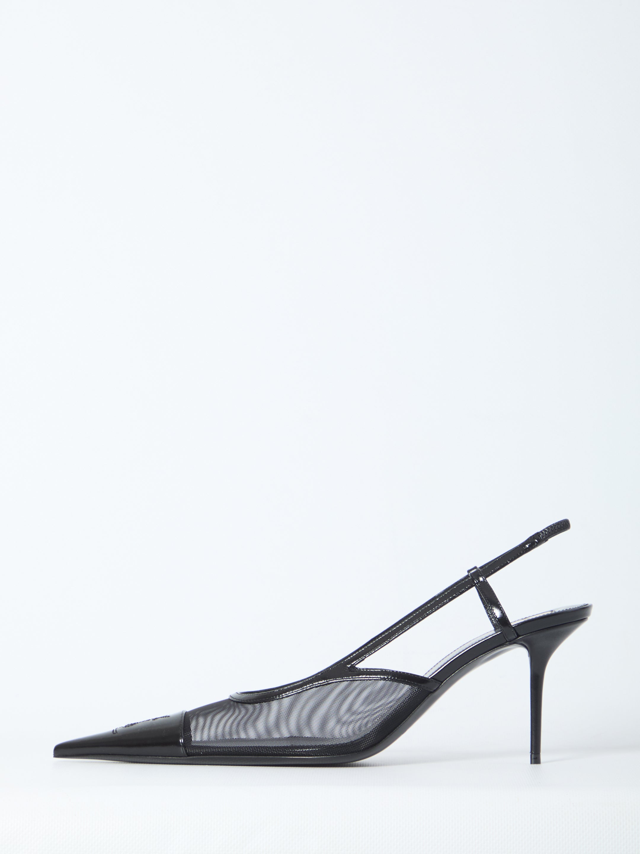 Black slingback pump by Saint Laurent with stiletto heel detail, profile view