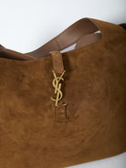 Brown suede tote bag by Saint Laurent, back view with leather inserts