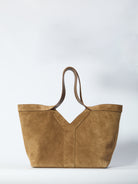 Brown suede Y tote bag small with Y stitching, front view by Saint Laurent