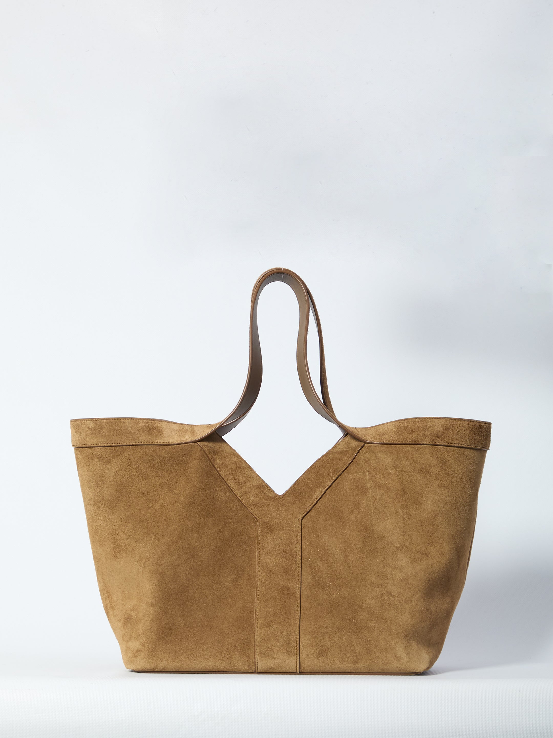 Brown suede Y tote bag small with Y stitching, front view by Saint Laurent