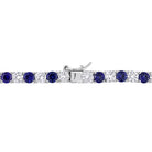 Sterling silver tennis necklace with created sapphires, back view showing box clasp
