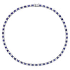 Blue and white sapphire tennis necklace, detailed overhead view of gemstone arrangement