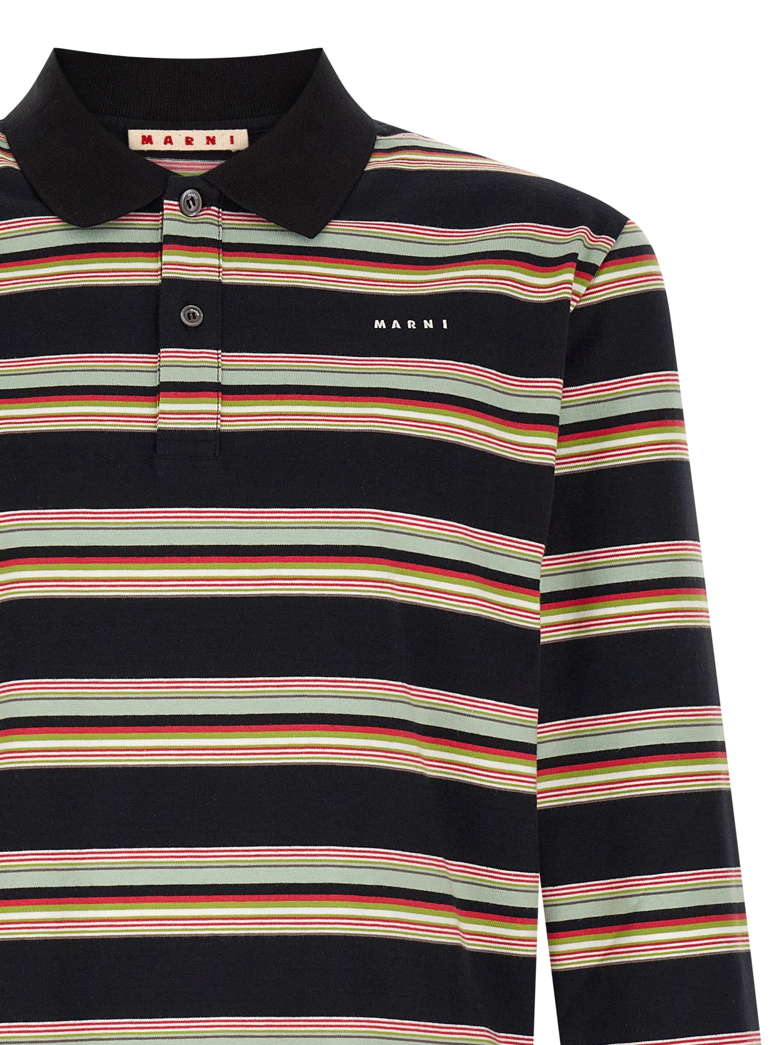 Black and multicolor striped Marni polo shirt with ribbed cuffs, side view