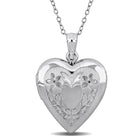 Sterling silver heart locket pendant necklace with floral engraving, front view by Lord & Taylor