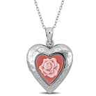 Sterling silver heart locket necklace with pink rose design by Lord & Taylor, front view