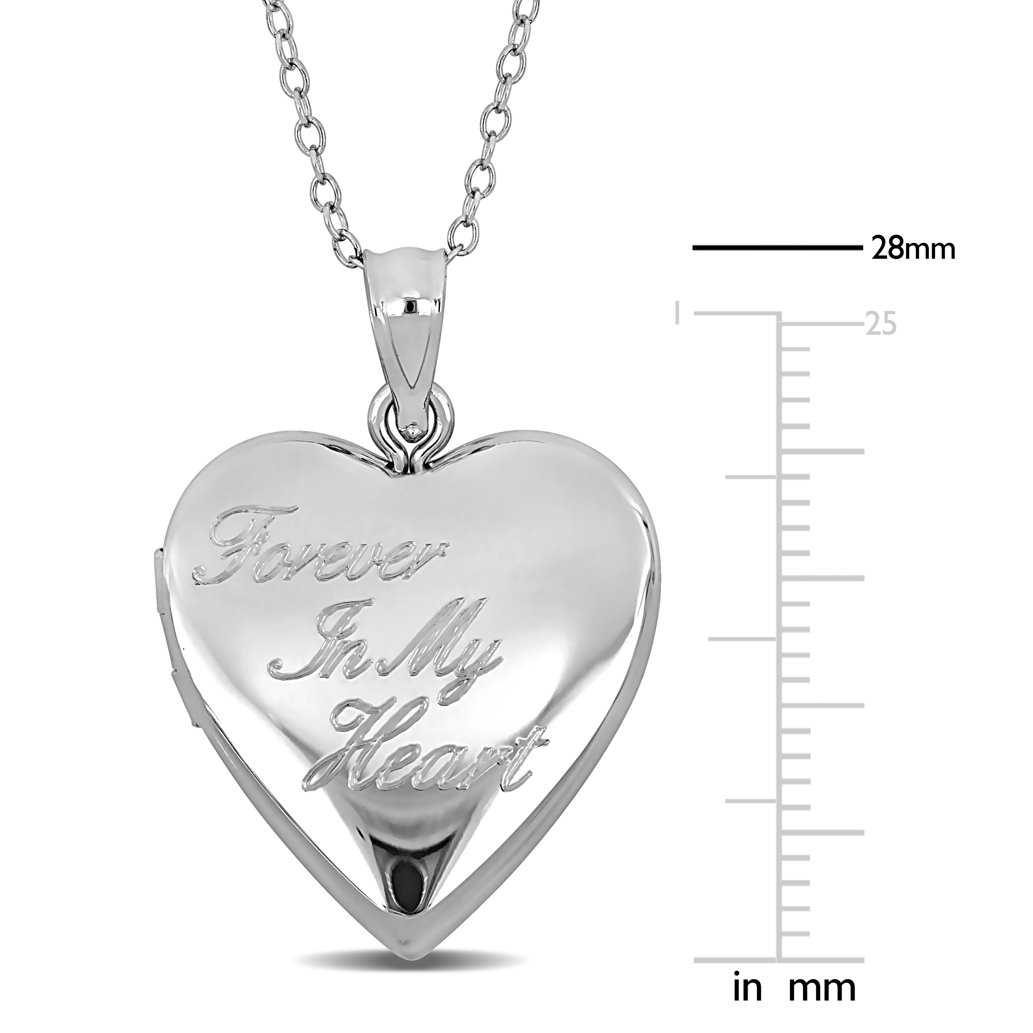 Sterling silver heart locket pendant with Forever In My Heart engraving, detail view