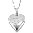 Sterling silver heart locket pendant necklace with Forever In My Heart inscription, front view