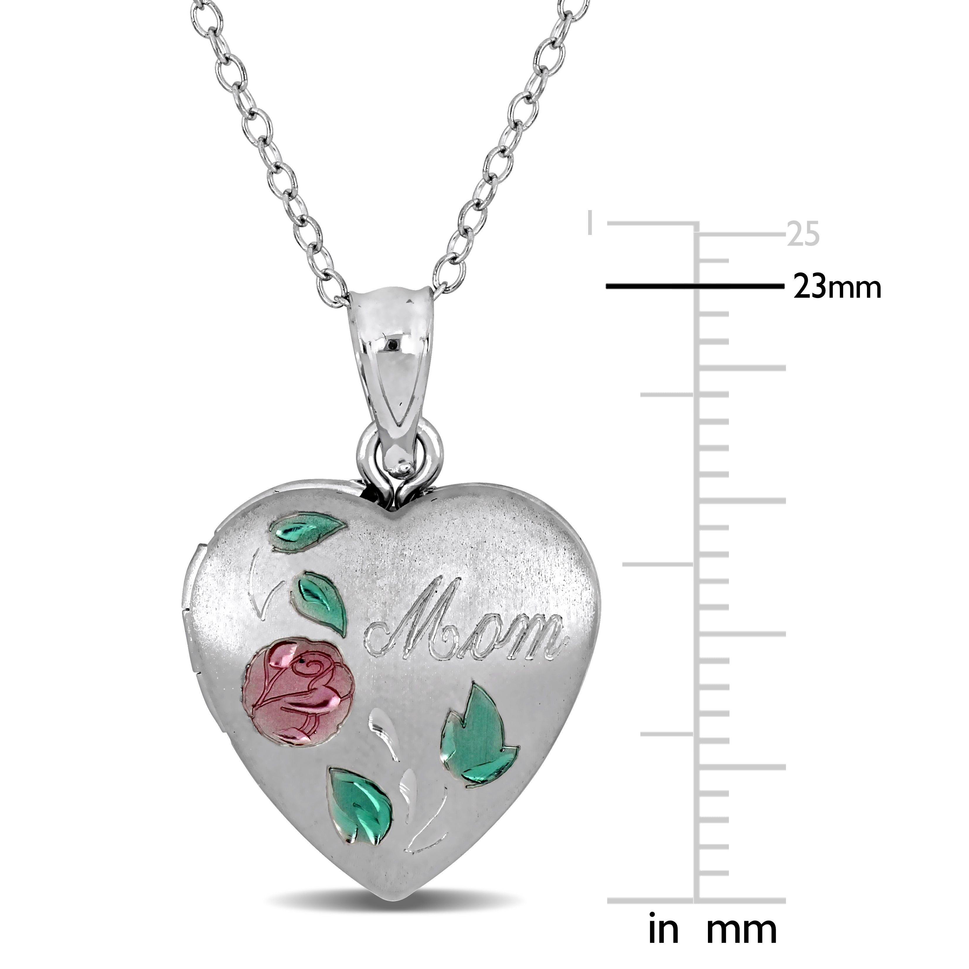 Close-up of painted rose detail on sterling silver Mom locket by Lord & Taylor