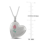 Sterling silver heart locket pendant showing rose engraving detail and high polish finish