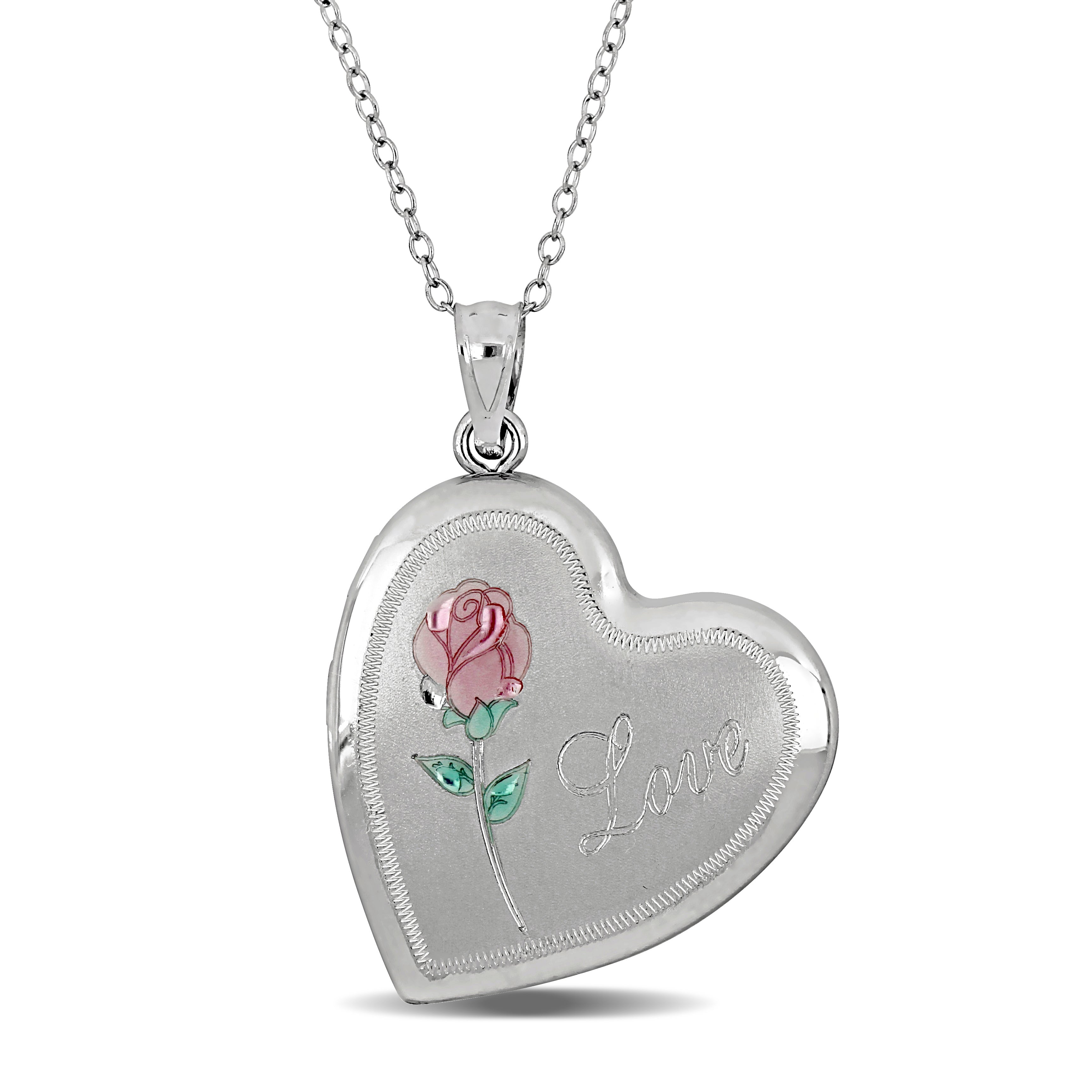 Sterling silver heart locket necklace with engraved rose and Love inscription by Lord & Taylor, front view