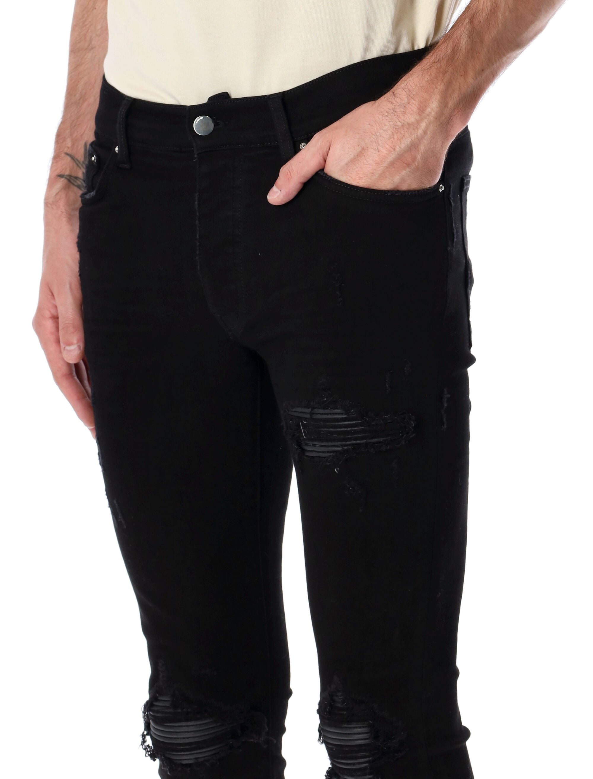 AMIRI MX1 ITALIAN STRETCH DENIM JEANS WITH LEATHER INSERTS – Lord