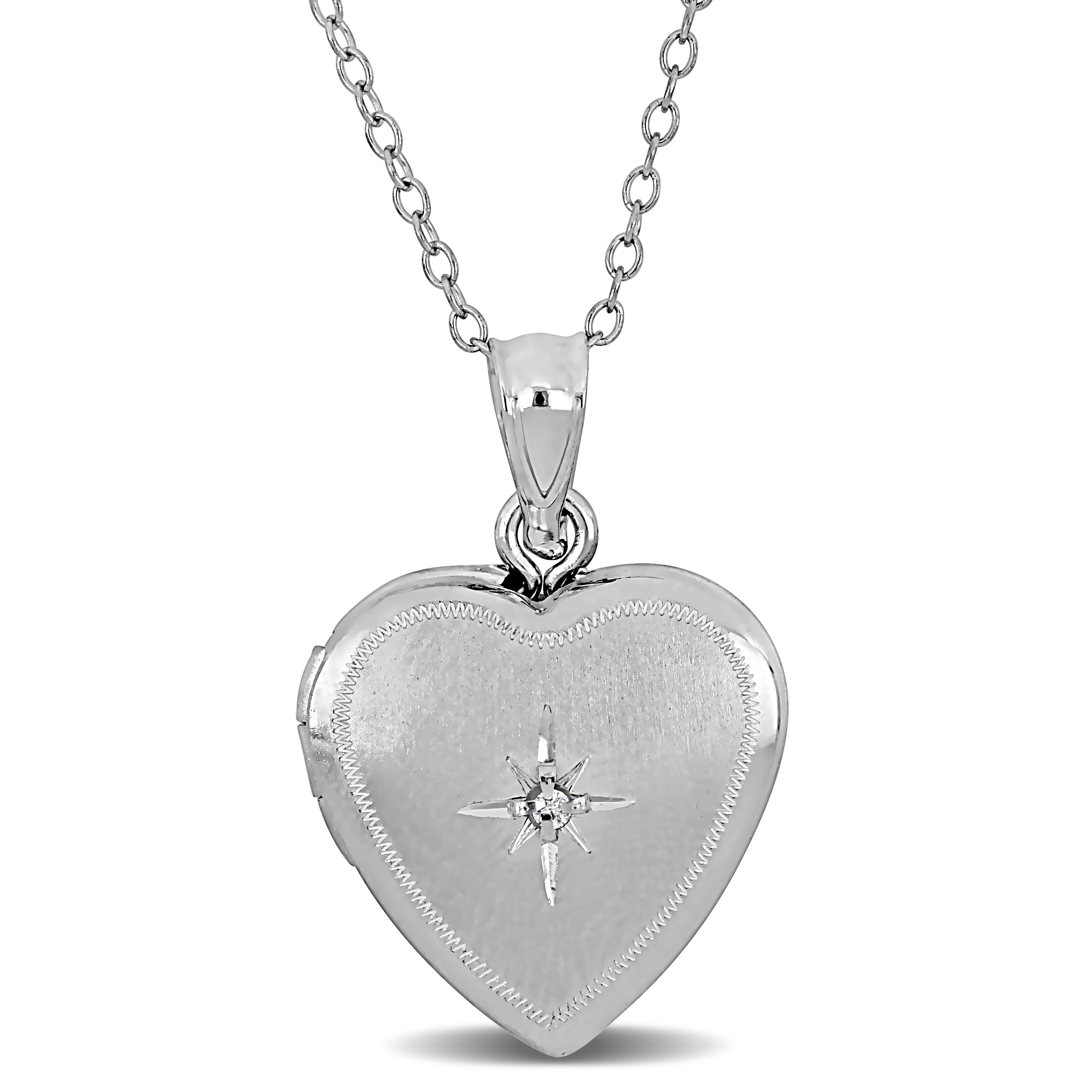 Sterling silver heart locket necklace with cubic zirconia star, front view by Lord & Taylor