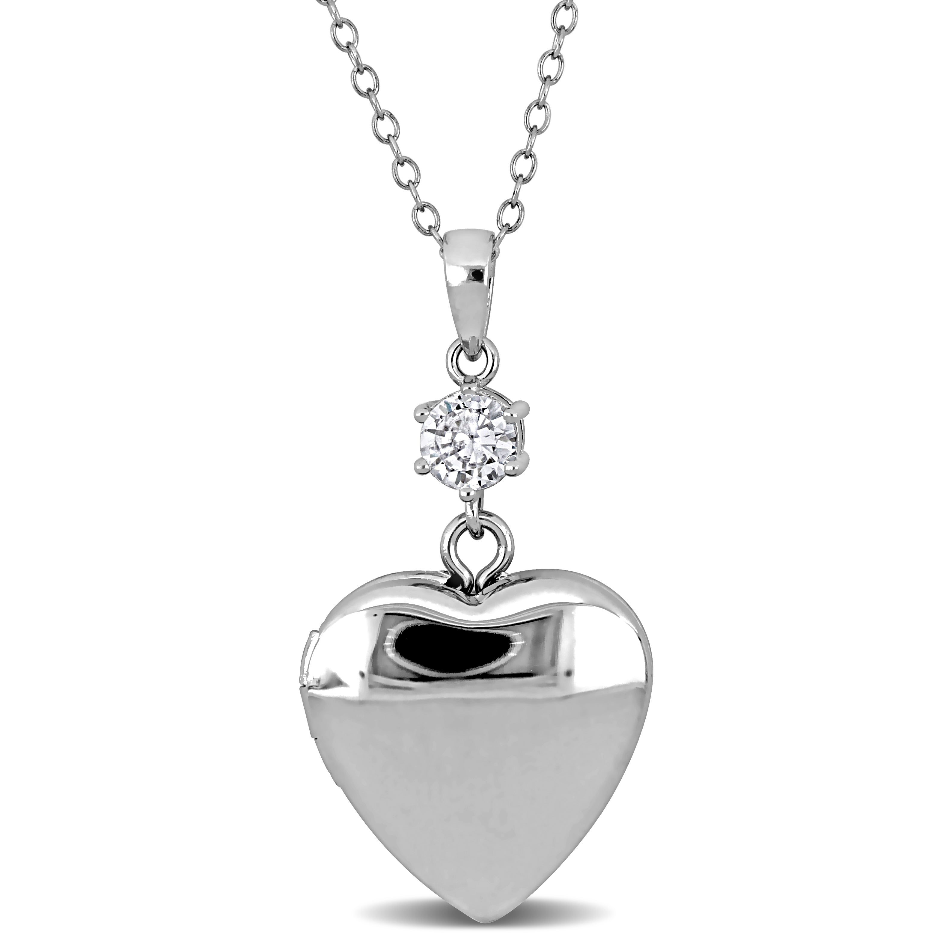Sterling silver heart locket necklace with cubic zirconia accent, front view by Lord & Taylor