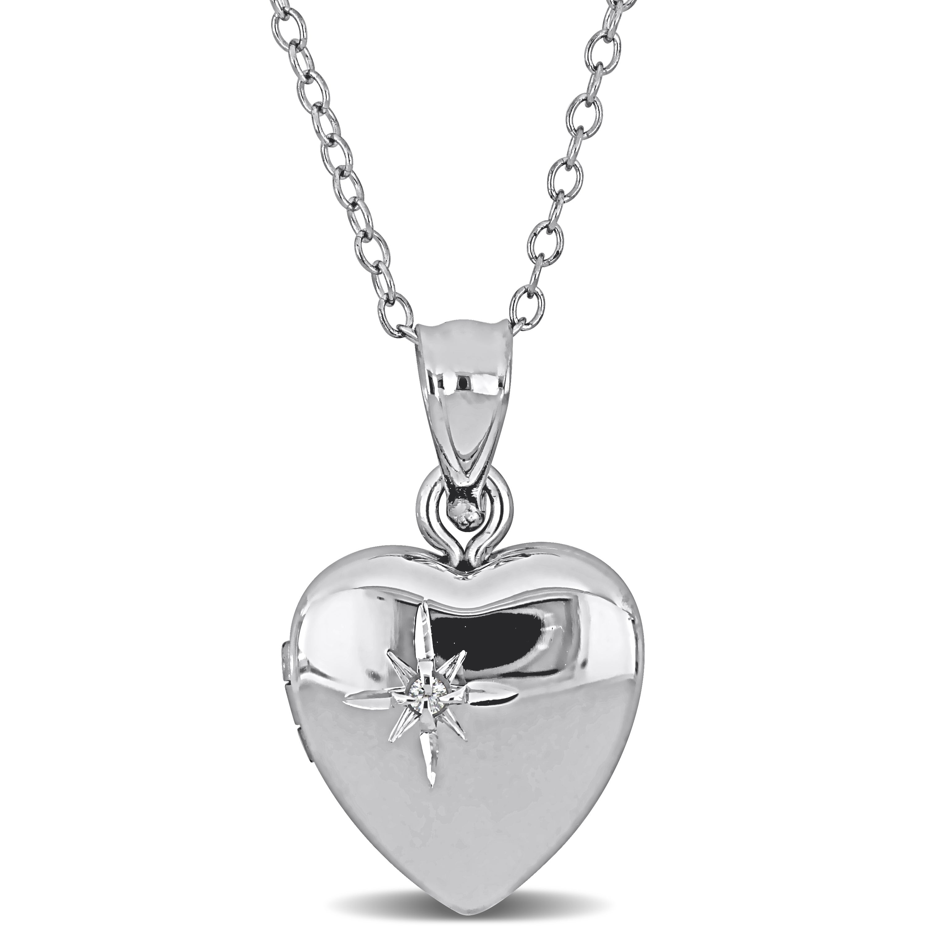Sterling silver heart locket necklace with cubic zirconia accent, front view by Lord & Taylor
