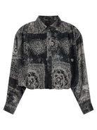 Black bandana print silk shirt with balloon silhouette by R13, front view