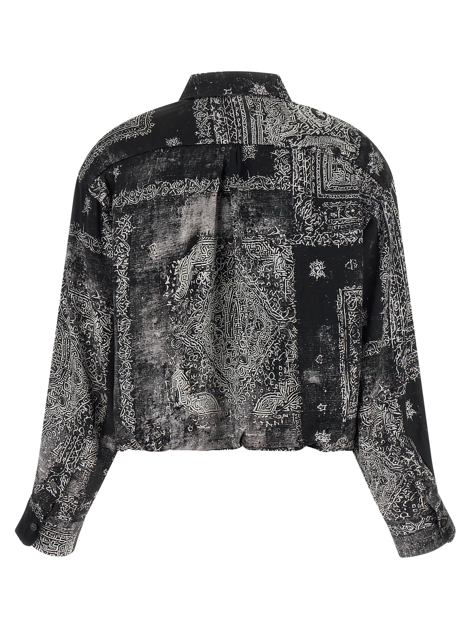 R13 Bubble silk shirt showing curled yoke hem detail, side view