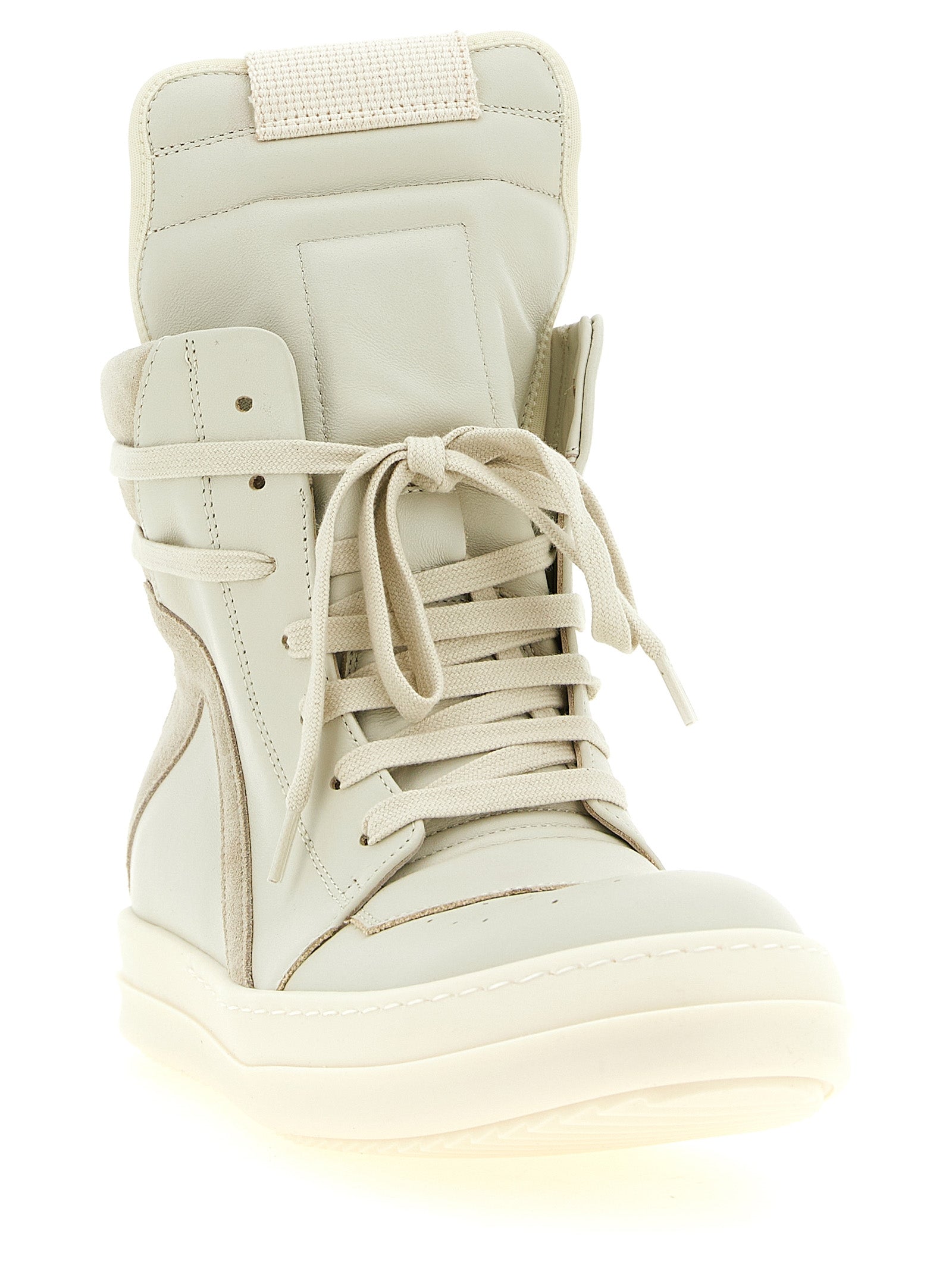 Beige Rick Owens Geobasket sneakers showing maxi tongue and lace closure, front view