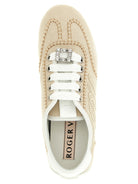 Beige Roger Vivier Viv Low sneakers, detail view of lace-up closure and buckle