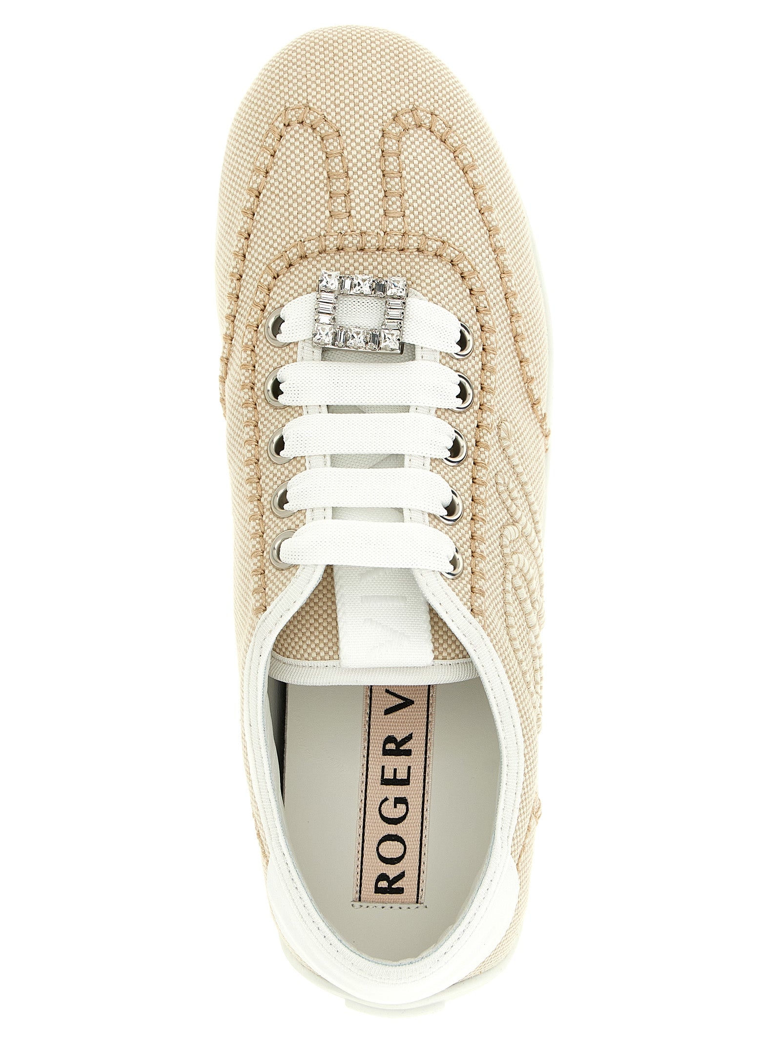 Beige Roger Vivier Viv Low sneakers, detail view of lace-up closure and buckle