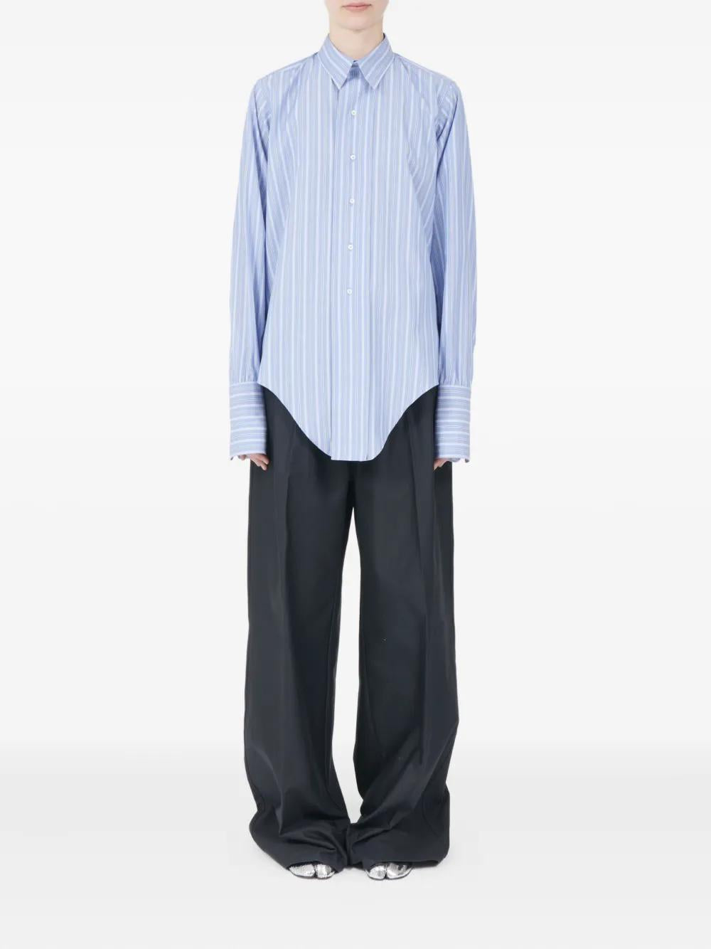 Blue striped Maison Margiela shirt, back view showing vertical stripe pattern