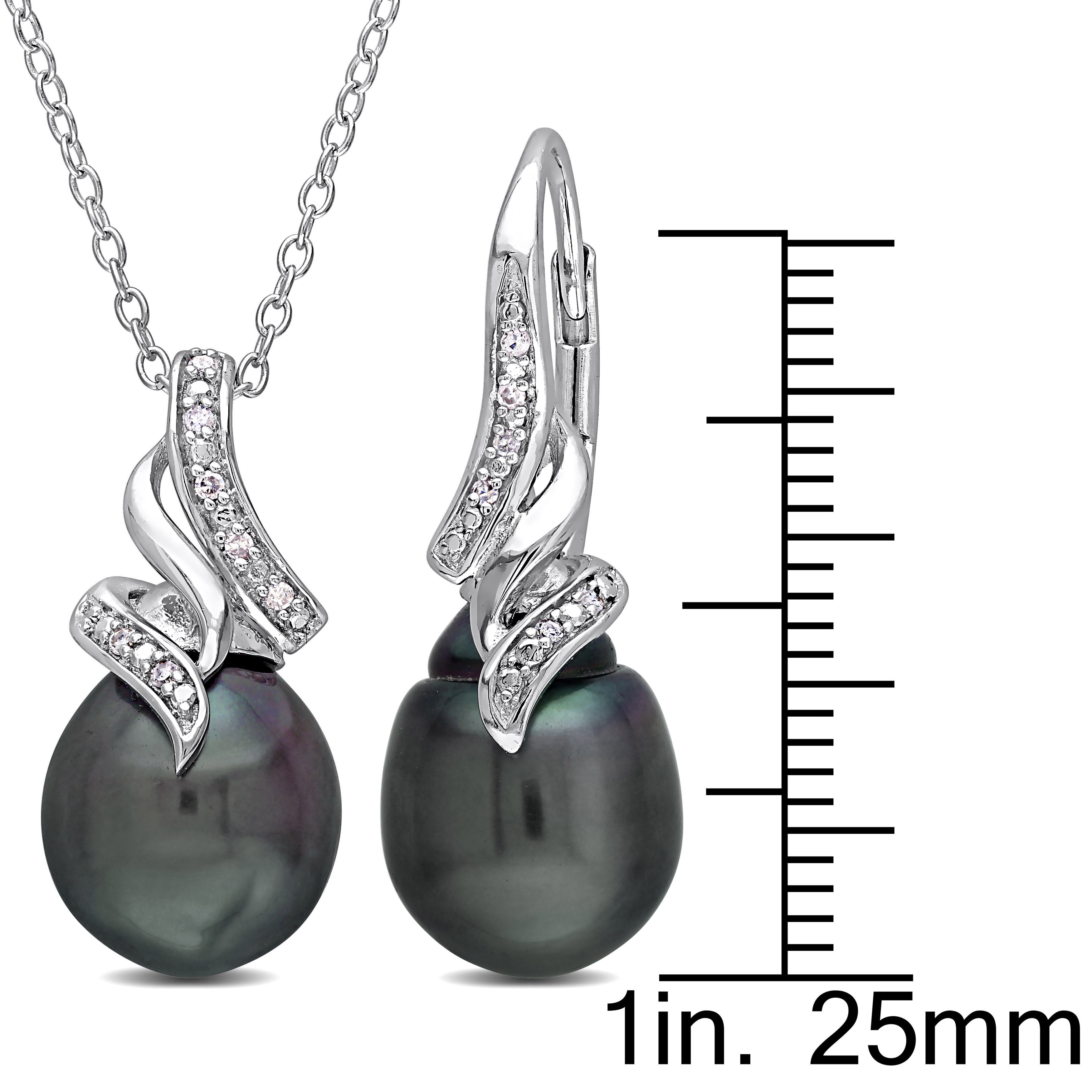 Black Tahitian pearl pendant with diamond accents on sterling silver chain, detail view