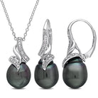 Black Tahitian pearl necklace and earring set in sterling silver by Lord & Taylor, front view
