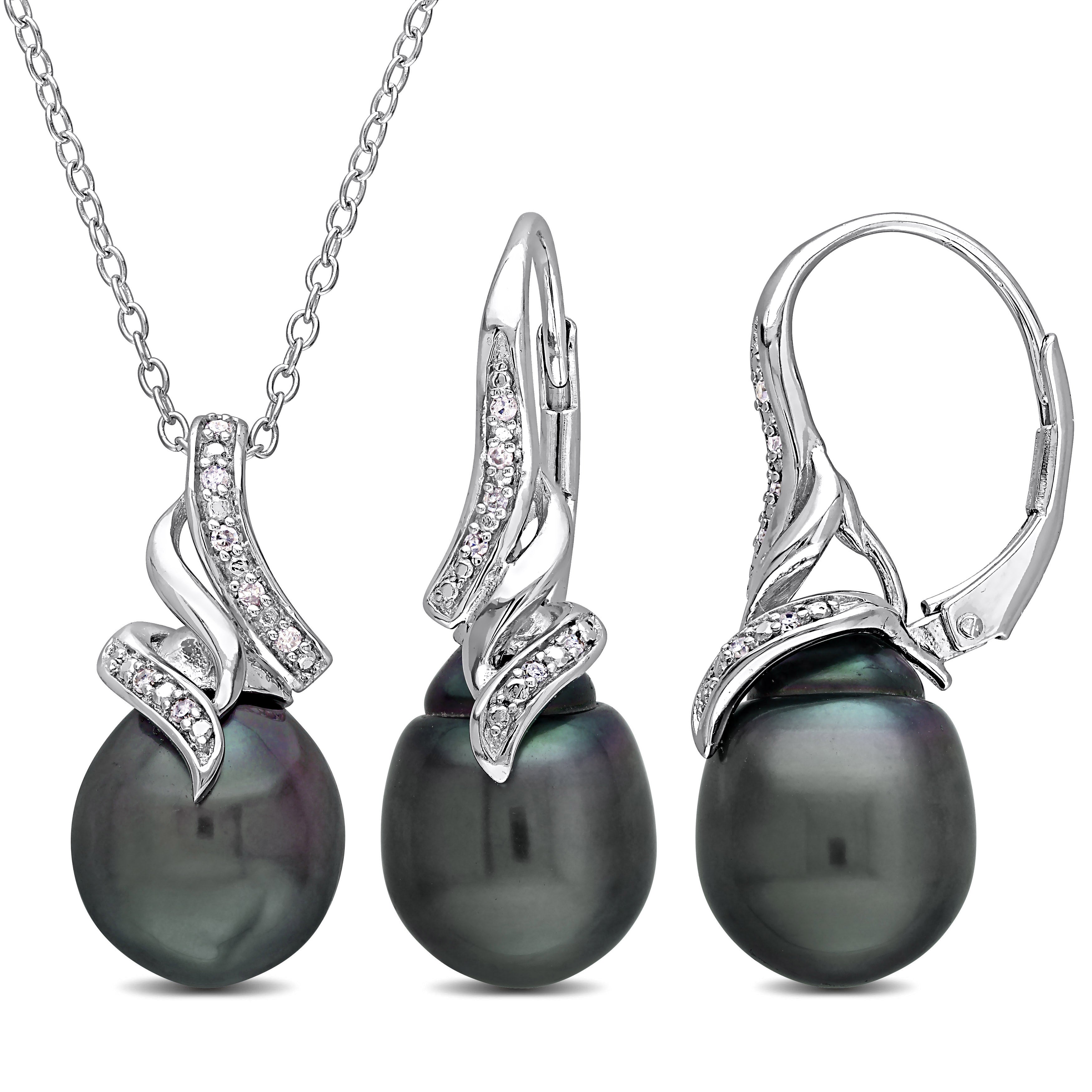 Black Tahitian pearl necklace and earring set in sterling silver by Lord & Taylor, front view