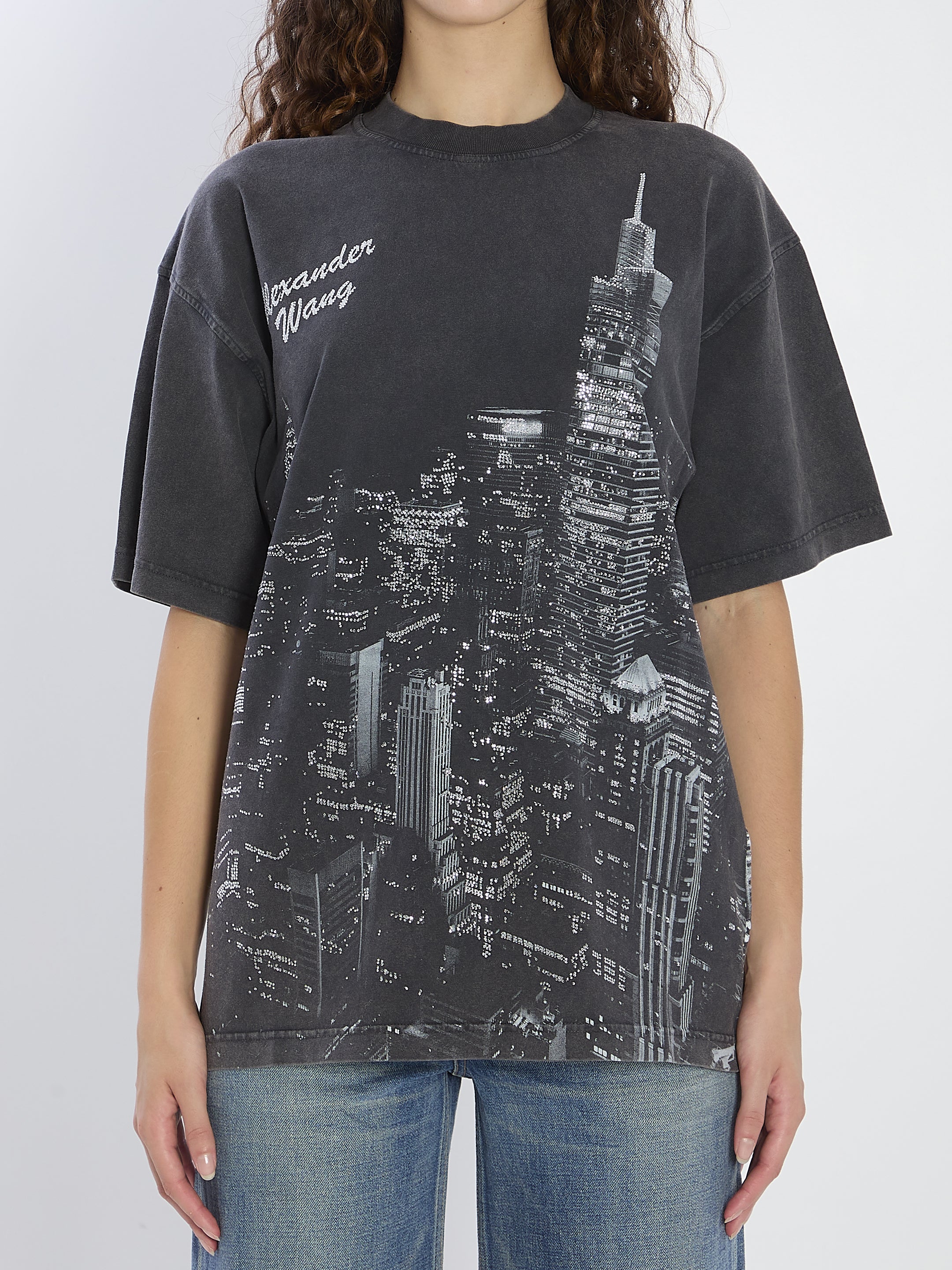 T-SHIRT WITH RHINESTONES Alexander wang BLACK XS