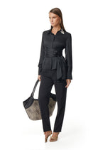 Black satin wrap blouse styled with black trousers by Lord & Taylor Heritage