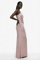 Mauve pink velvet gown with gathered side ruching by Lord & Taylor Heritage, detail view