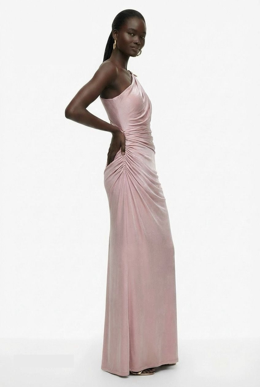 Mauve pink velvet gown with gathered side ruching by Lord & Taylor Heritage, detail view