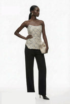 Champagne beige sequin bustier top, side angle view by Lord & Taylor Heritage