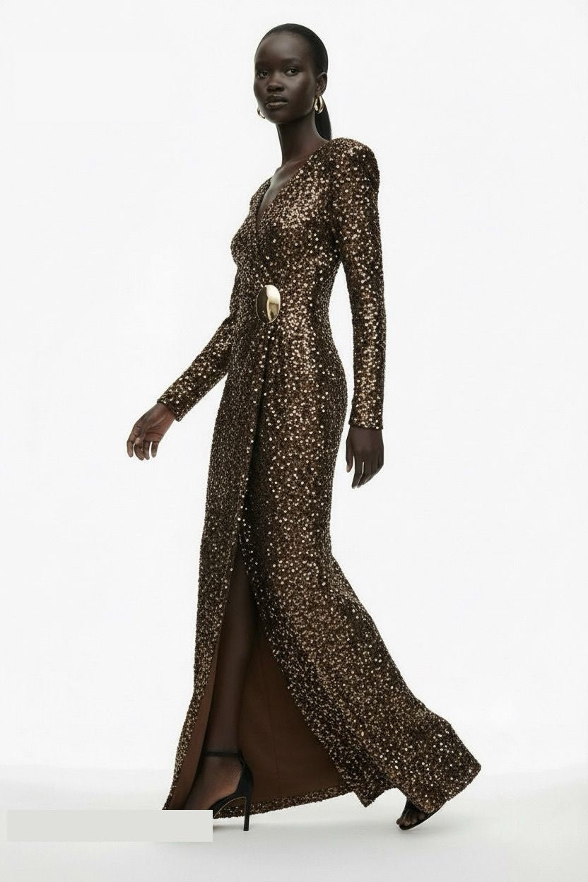 Khaki bronze sequin wrap gown detail by Lord & Taylor Heritage