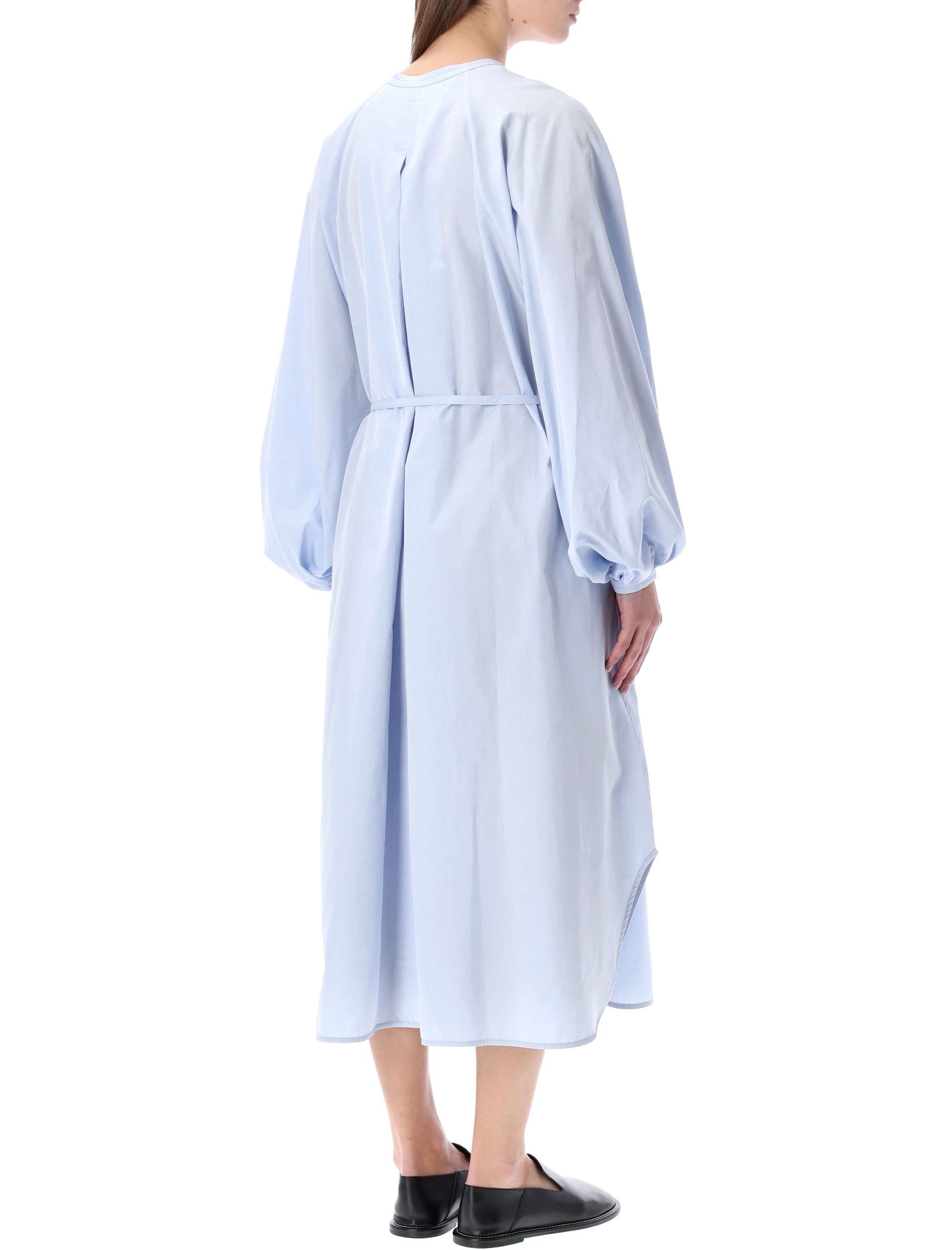 Light blue cotton poplin dress by LOULOU, three-quarter view