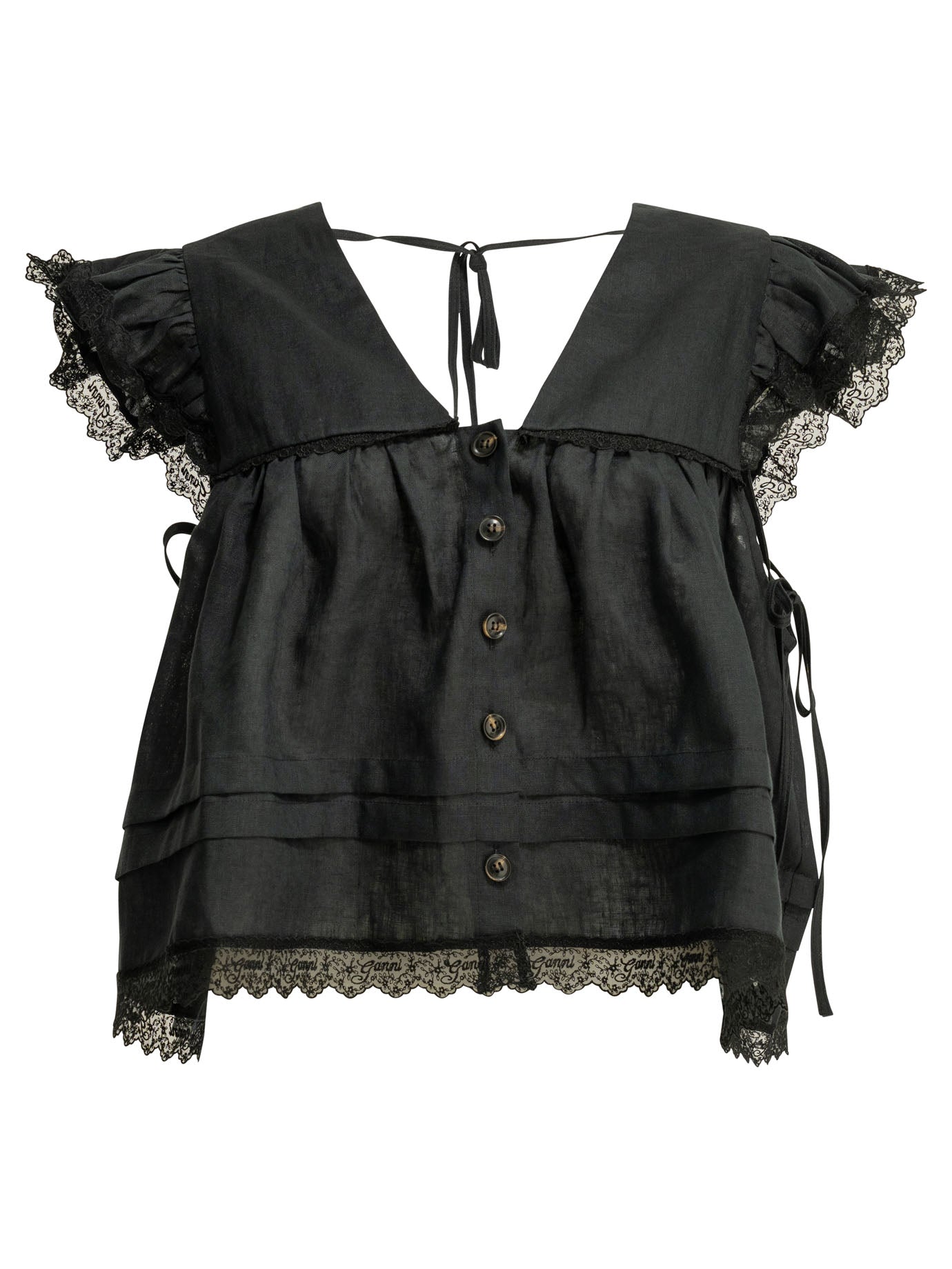 Black GANNI linen blouse with V-neckline and bell sleeves, front view
