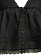 Black GANNI linen blouse with lace trim at back neckline, rear view