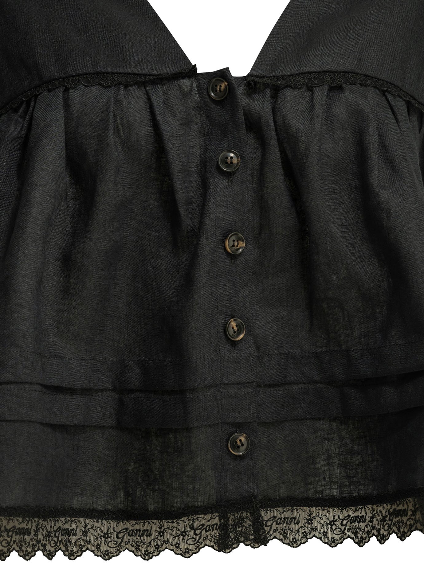 Black GANNI linen blouse with lace trim at back neckline, rear view