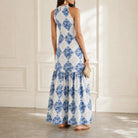 White floral maxi dress by Twin-Set, back halter tie detail