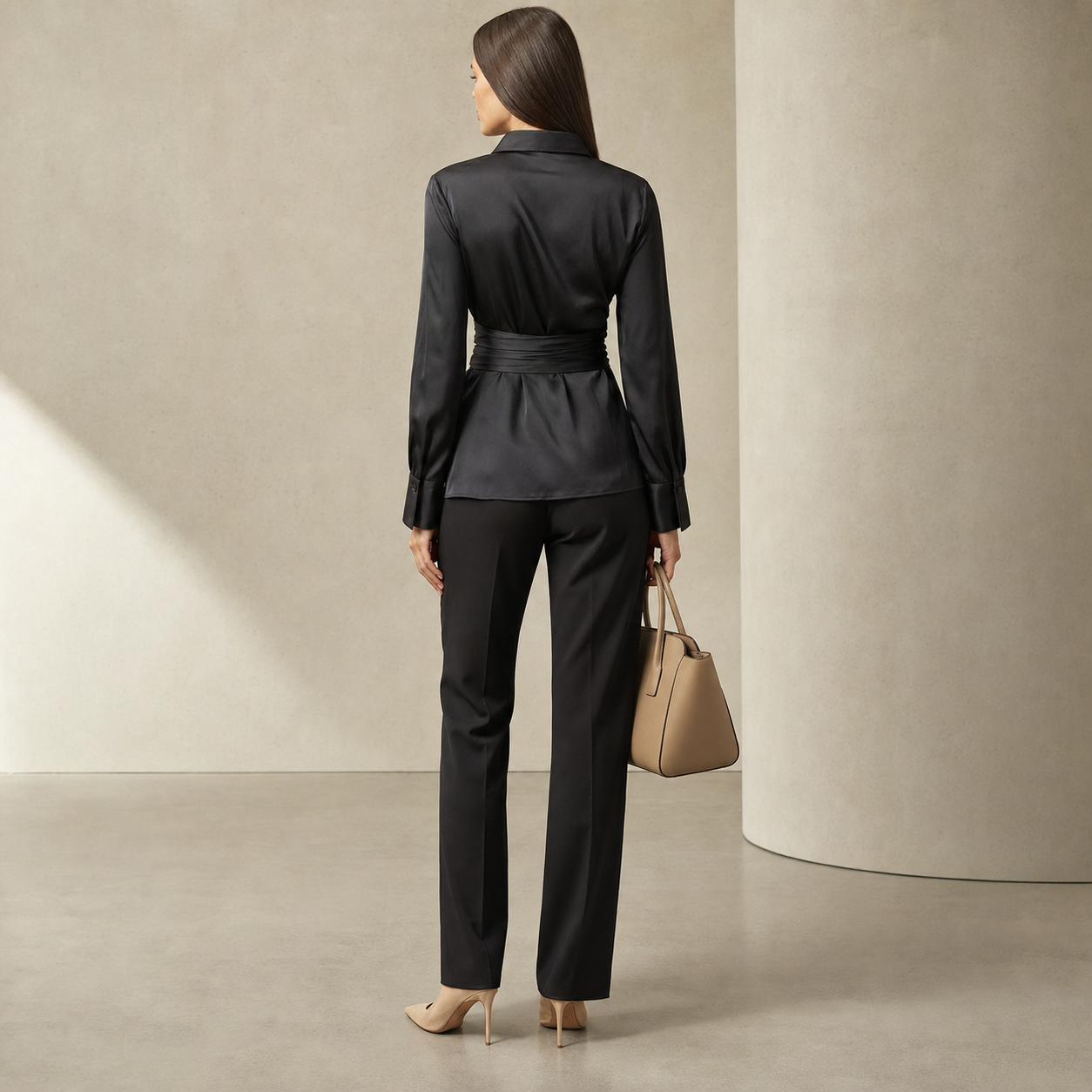 Black satin wrap blouse back view showing drape and construction by Lord & Taylor Heritage